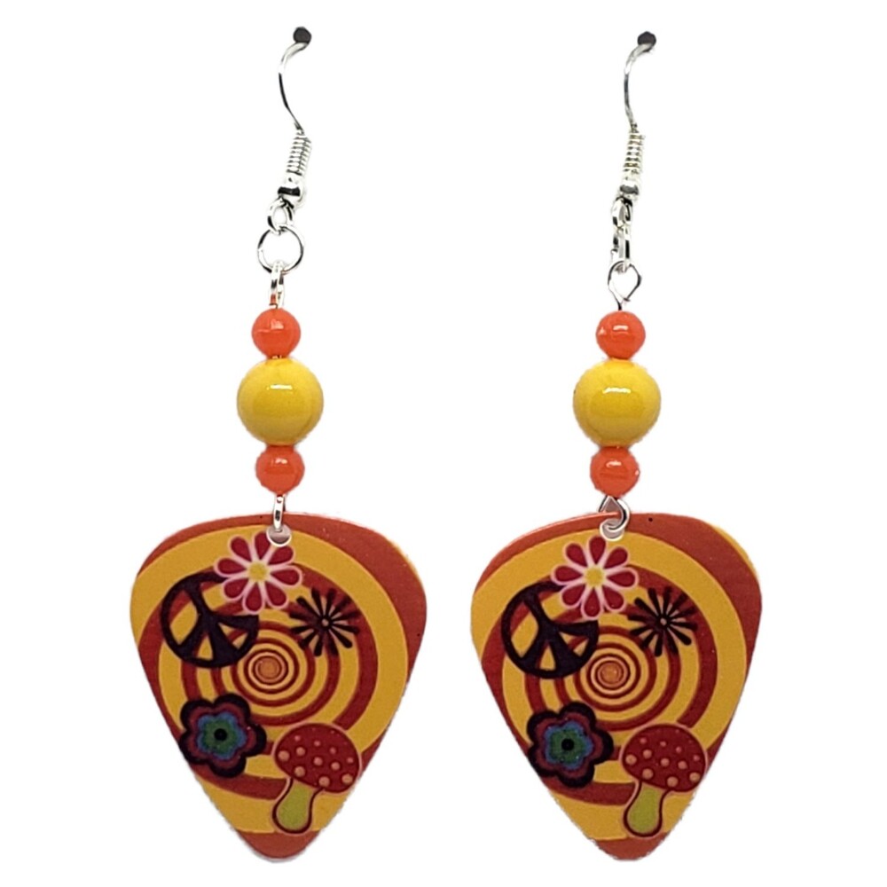 Hippie Peace Sign Mushroom Flowers Guitar Pick Beaded Earrings Handmade USA New